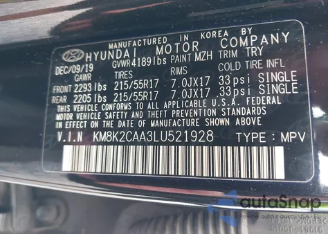 2020 Hyundai Kona Sel z USA, uszkodzony, nr VIN KM8K2CAA3LU521928